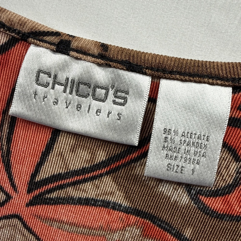 Chicos Travelers Women's Top Size Medium Colorful Orange Black Artsy Stretch - Picture 2 of 7